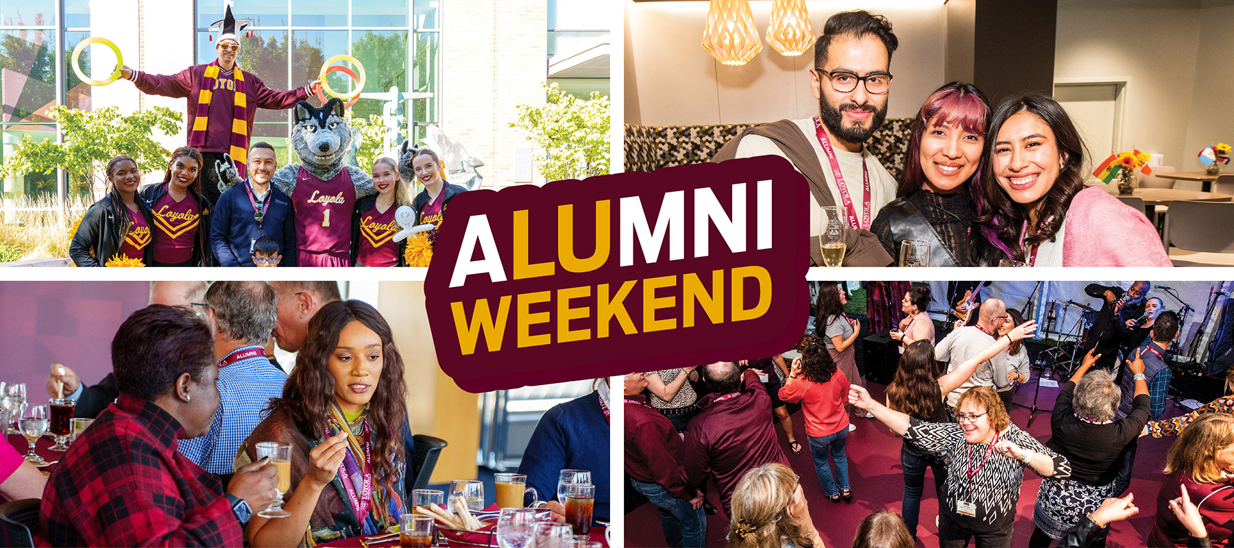 Loyola homecoming activities, students dining, socializing, and celebrating