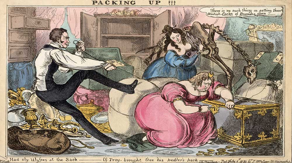 1830 cartoon showing a British aristocratic family preparing to leave town.