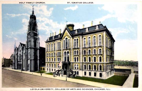 Postcard showing St. Ignatius College and Holy Family Church