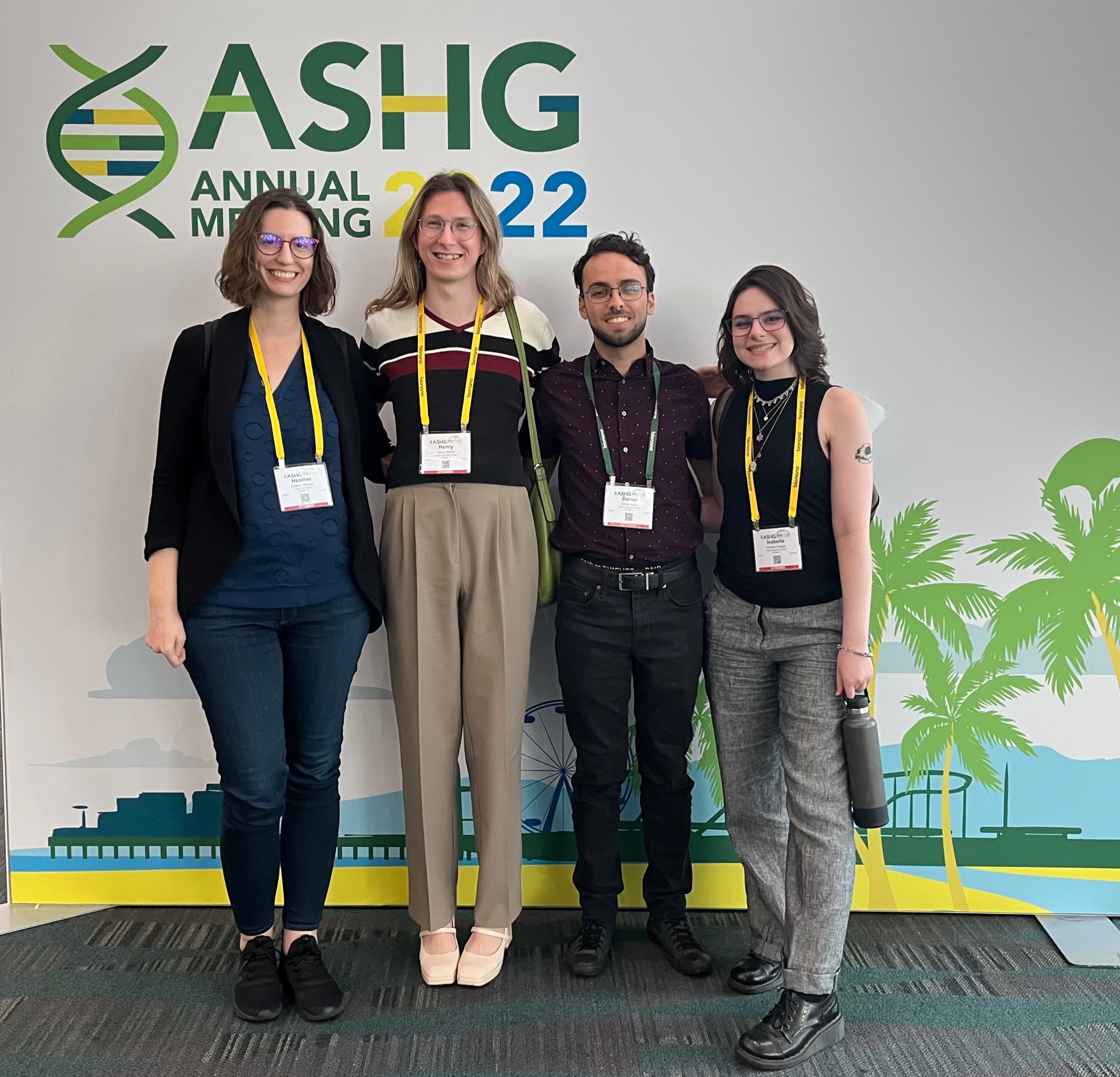 Members of the Wheeler Lab at Loyola who attended ASHG 2022 in Los Angeles: Dr. Heather Wheeler, Henry Wittich, Daniel Araujo, and Isabelle Gregga