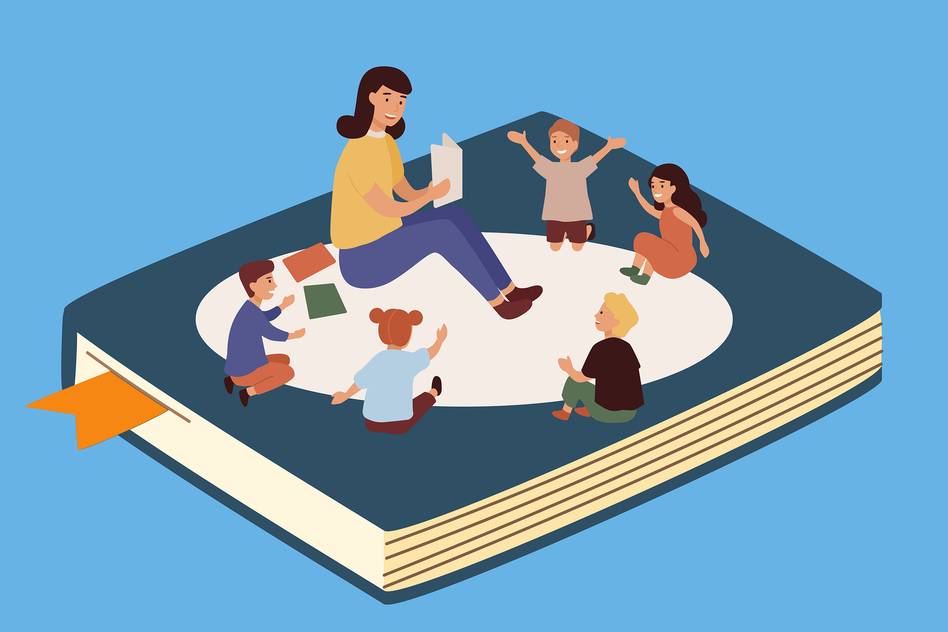 a teacher reading to kids while all are sitting on a large book a teacher reading to kids while all are sitting on a large book