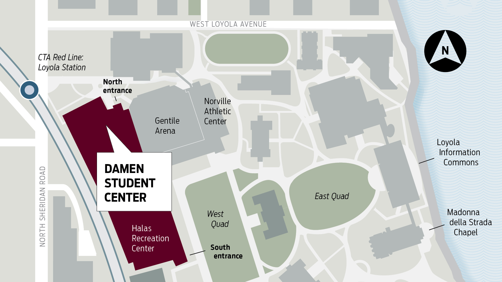 Map of Damen Student Center and parking garage