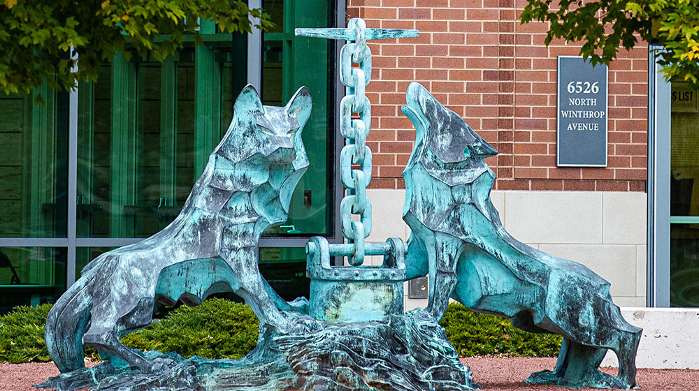 The Los Lobos statue on the Lake Shore Campus portrays the story of the Ignatius family's generosity to the wild animals that were starving during a famine in Spain. The statue in a heavily patina bronze and stands 7-8 feet tall.