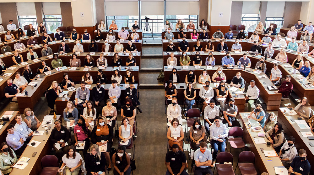 Students at orientation in the Power Rogers & Smith Ceremonial Courtroom