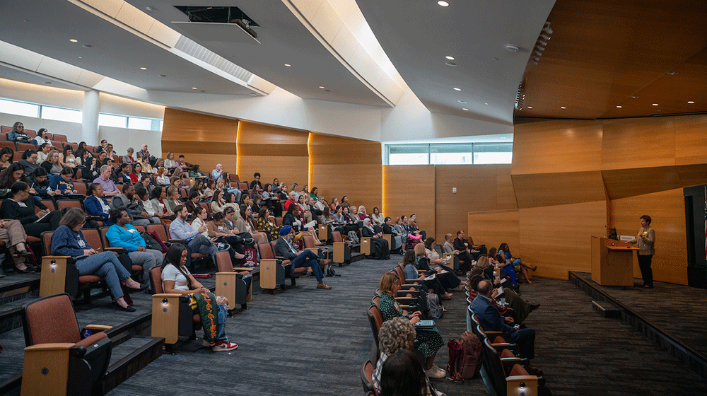 An audience in a nearly full auditorium listens as Loyola Nursing Dean Lorna Finnegan stands on the stage and speaks.
