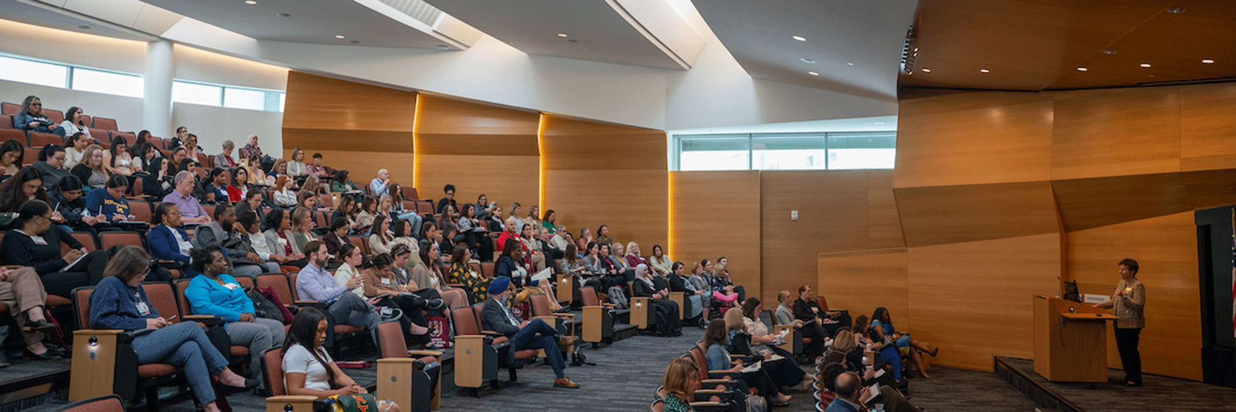 Dean Lorna Finnegan speaks to a crowd in an auditorium