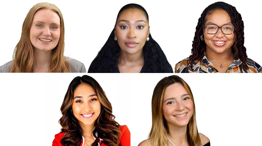 Five headshots of smiling people