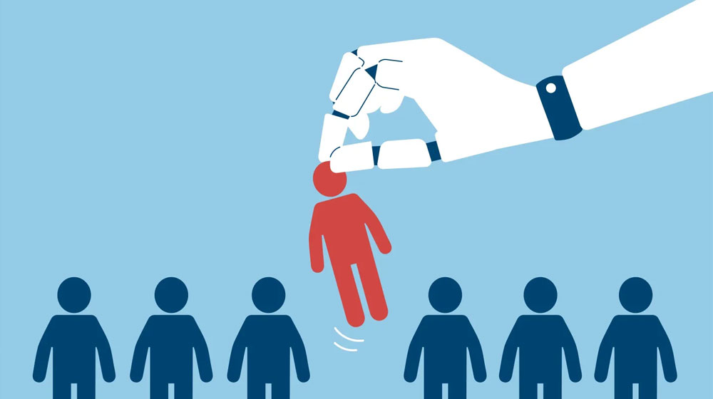 Robot hand plucking stick figure from group of other stick figures