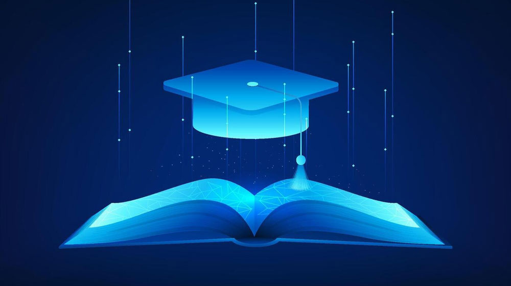 Grad cap floating above AI generated open book