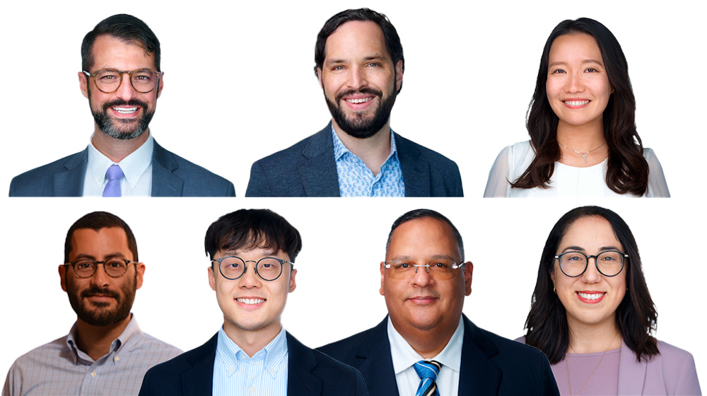 Headshots (left to right) of Gregory Burke, Benjamin Edelstein, Sujin Jeong, Yuxiao (Rain) Luo, Steven Malliaris, Ivan Rivadeneyra, and Irem Sengul Orgut