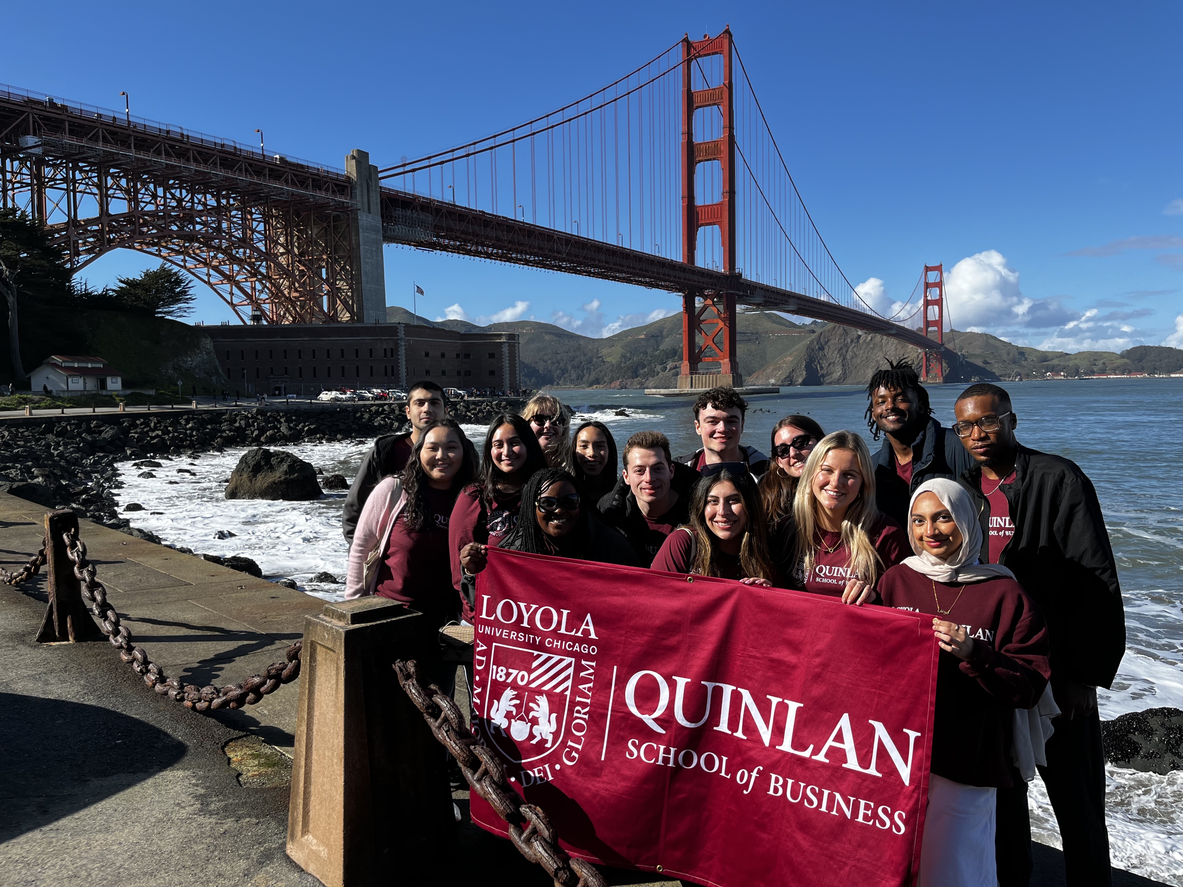 A group of students in the Golden Gate Bridge in San Francisco, California.