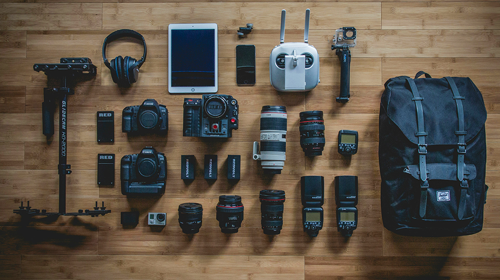Various film gear arranged on a table