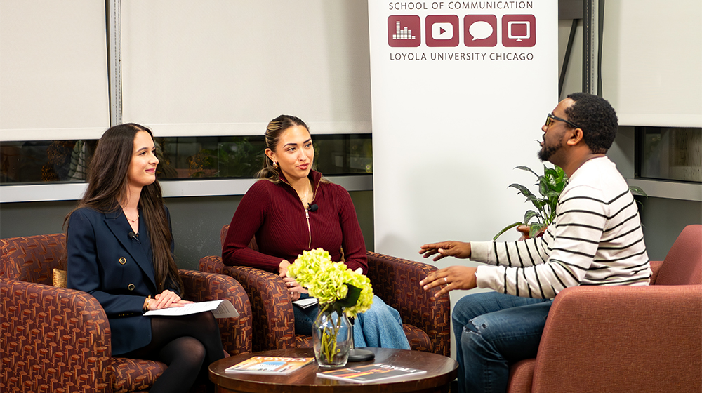 Students interviewing in the SOC's new Studio B