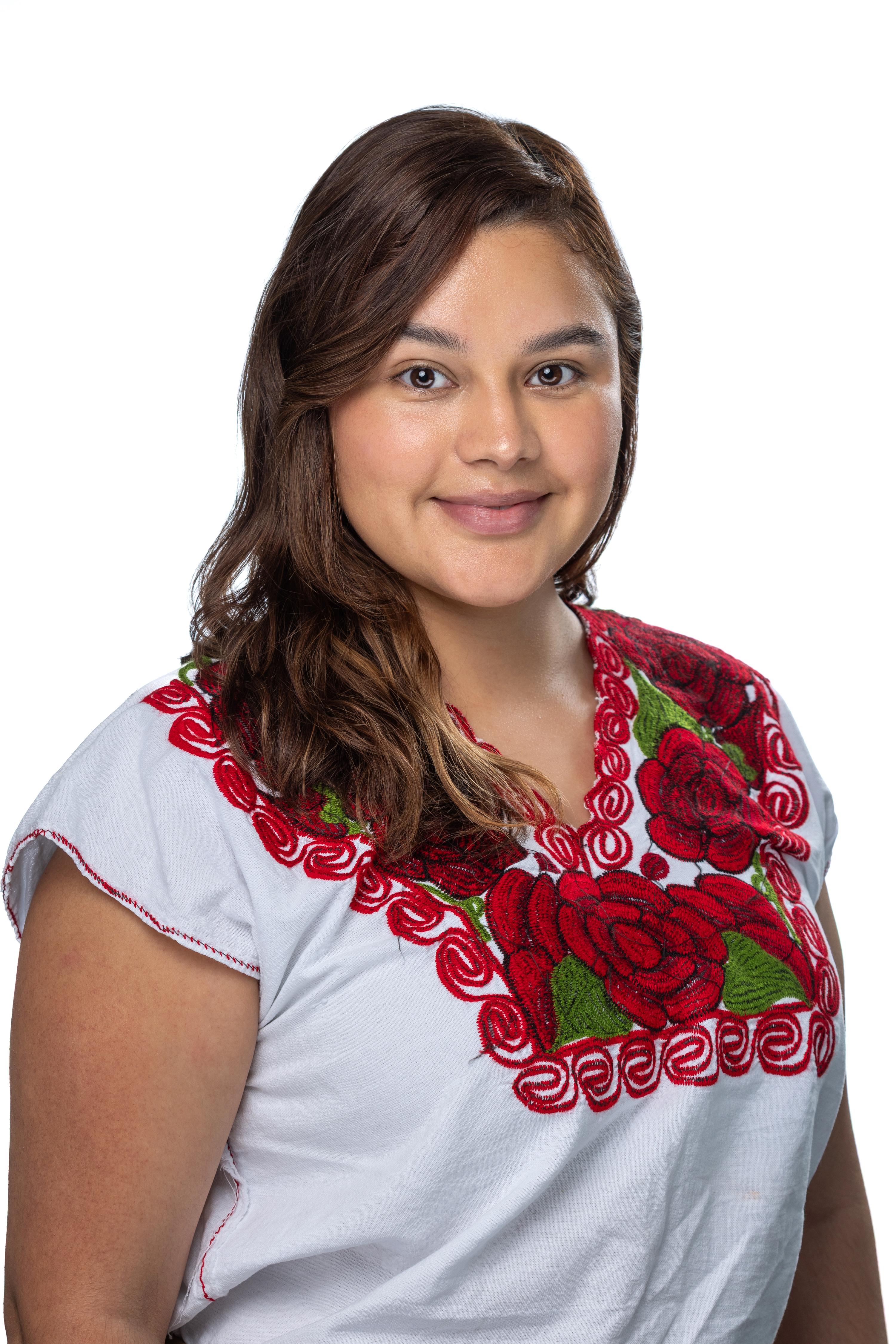 Lilli Melero, Online Bilingual MSW Program Internship Coordinator, wearing a white blouse with red floral embroidery, smiling against a light background.