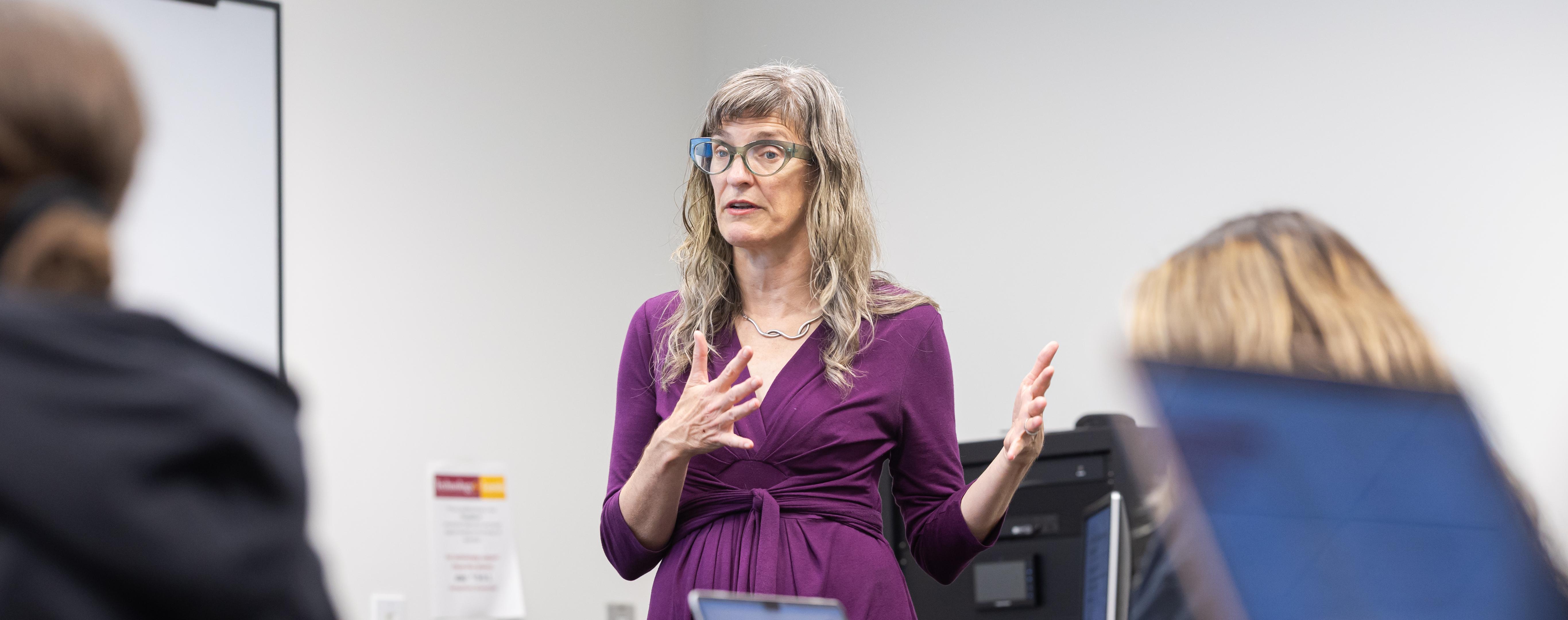 Professor Kate Phillippo, Ph.D., LCSW teaches a class on School Social Work