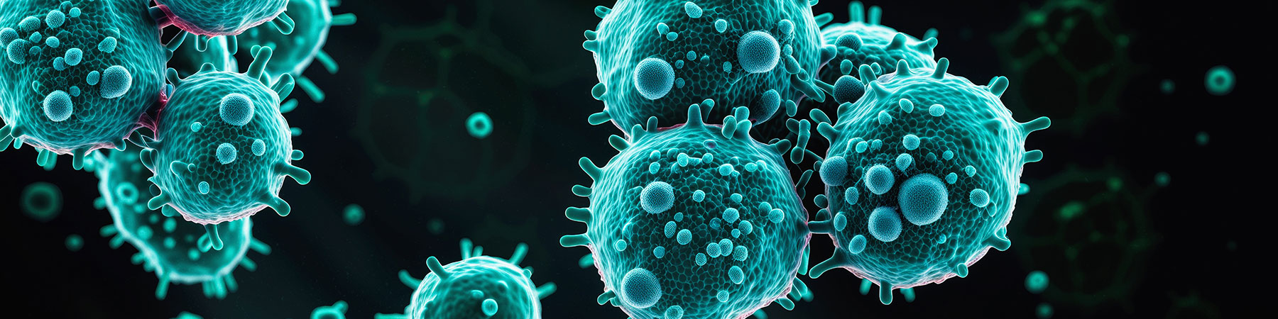Illustration of microscopic cells or viruses with spiky surfaces, shown in a mag