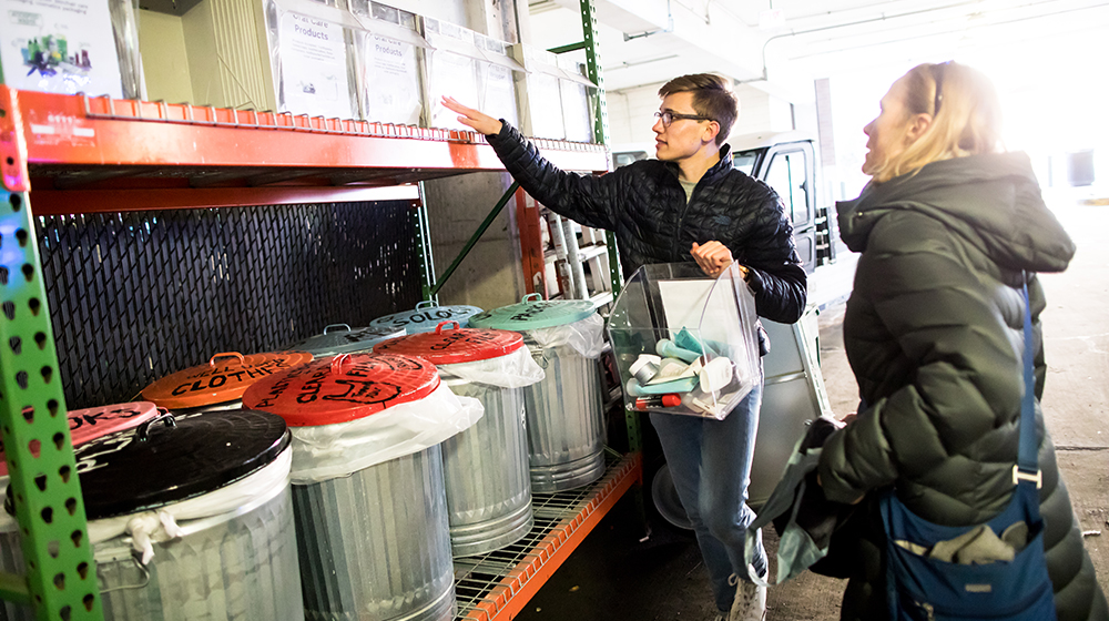 students sorting recycling