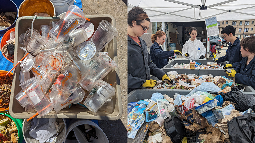 students sorting trash