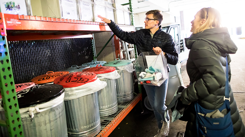 students sorting trash for recycling 