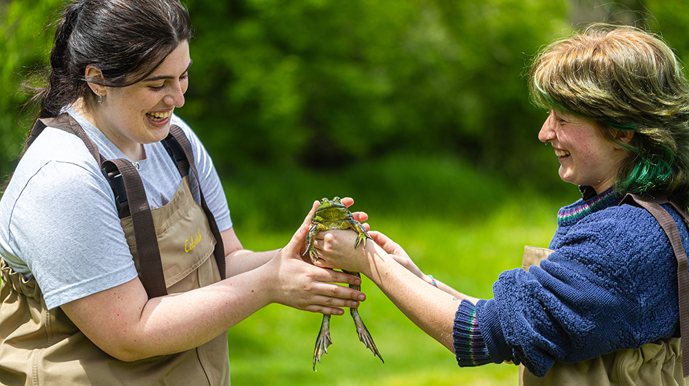 Student handing a frog to another student