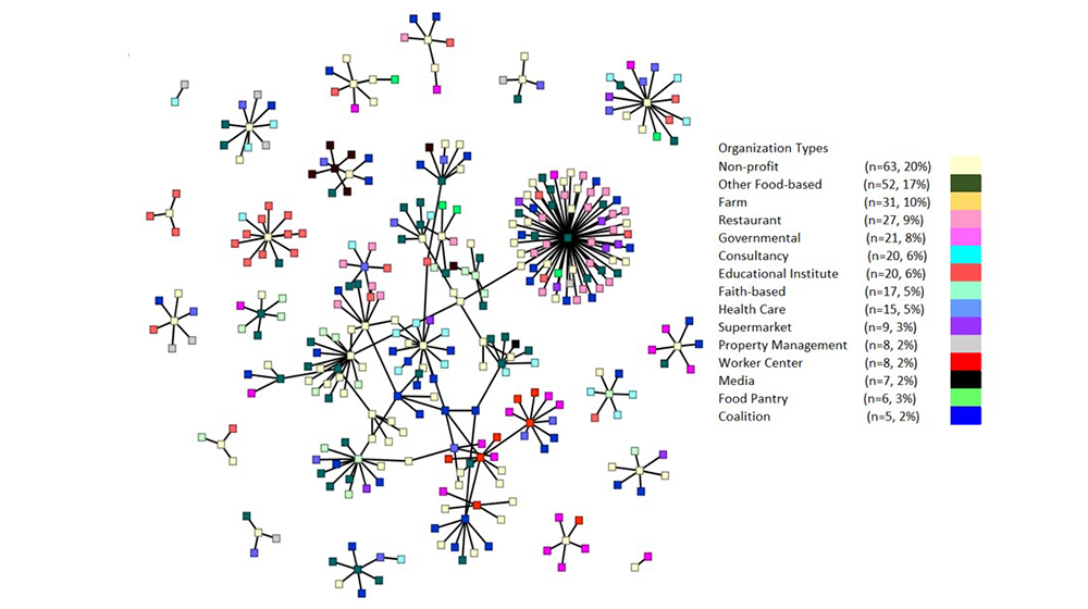 Figure showing dots representing organizations, connected by lines representing 