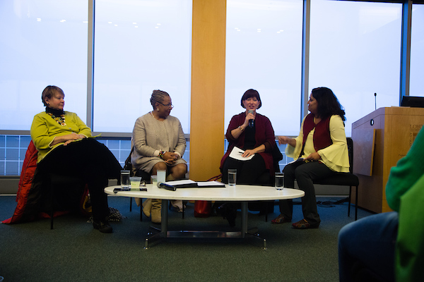 From right, moderator Shweta Singh, and panelists Heather Steans, Carol Moseley Braoun, and Mary Ann Smith get the seminar started by introducing themselves at the Women in Politics seminar in the Information Commons at Loyola University Chicago's Lake Shore campus on March 27, 2017. (Photo: Dominique Ochoa)